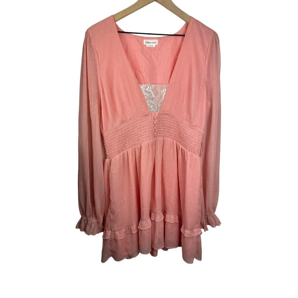 Lovers + Friends Revolve Pink Chiffon Metallic Lurex Long Sleeve Mini Dress XL